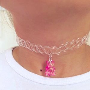 NWT Hot Pink Gummy Bear Charm Girls Choker Necklace Jewelry Stretches to Fit New